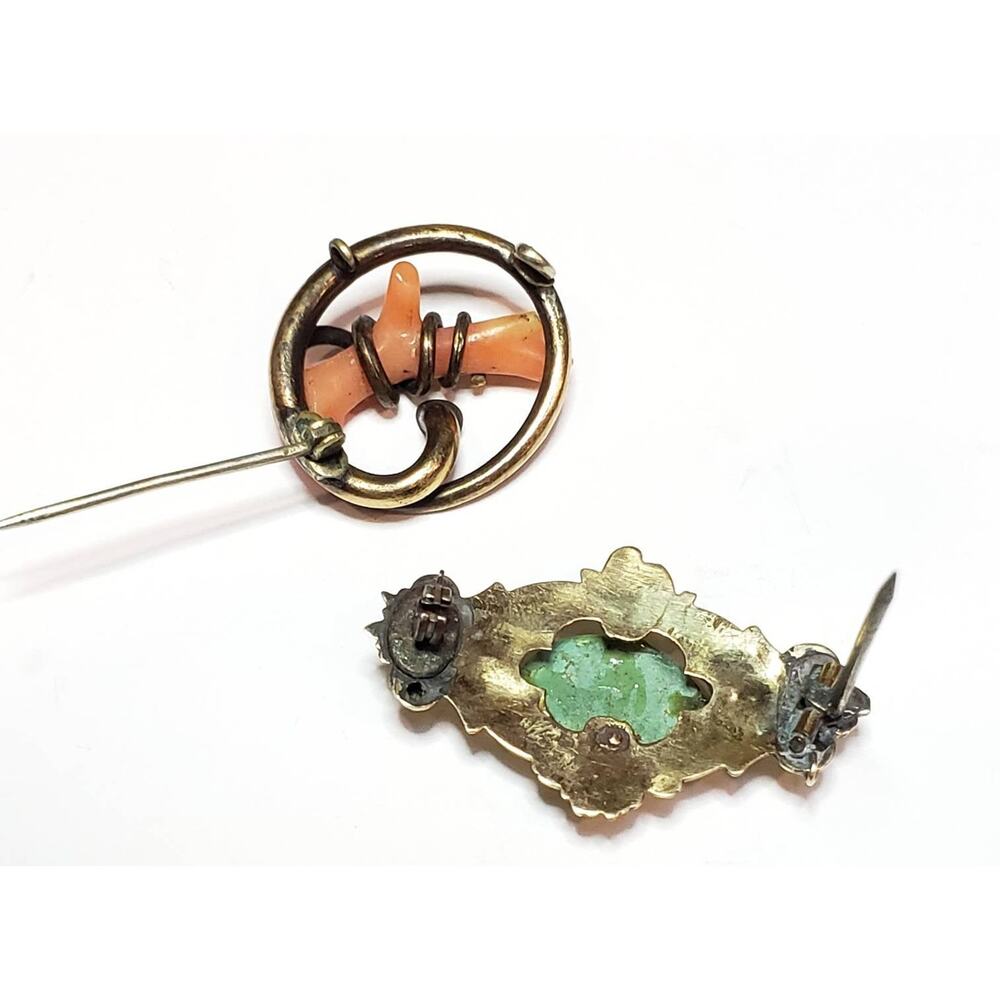 Victorian Brooch (2) Antique Victorian Brooches Coral & Turquoise Vermeil - Picture 5 of 6